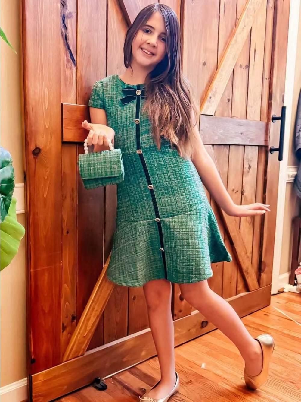 Biscotti Girl’s Emerald Green Tweed Dress